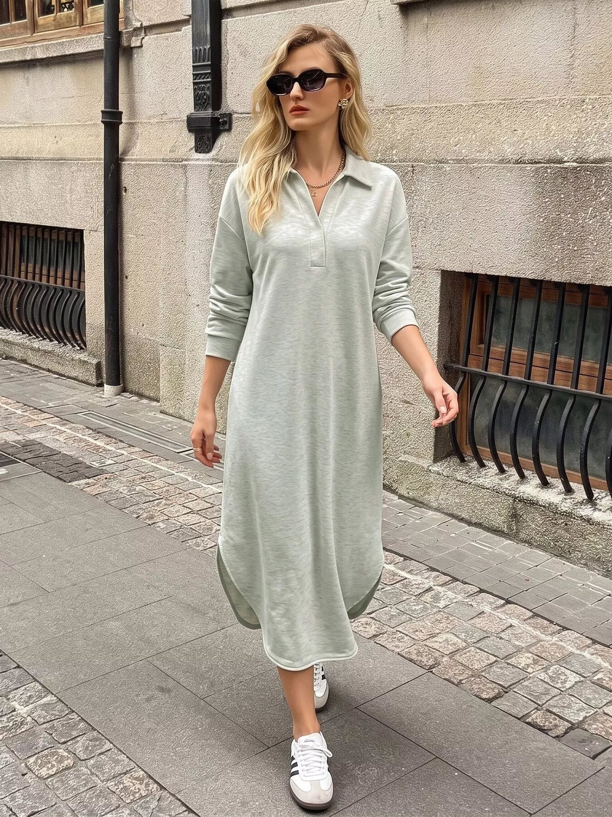 Polo Collar Long Sleeve Midi Dress