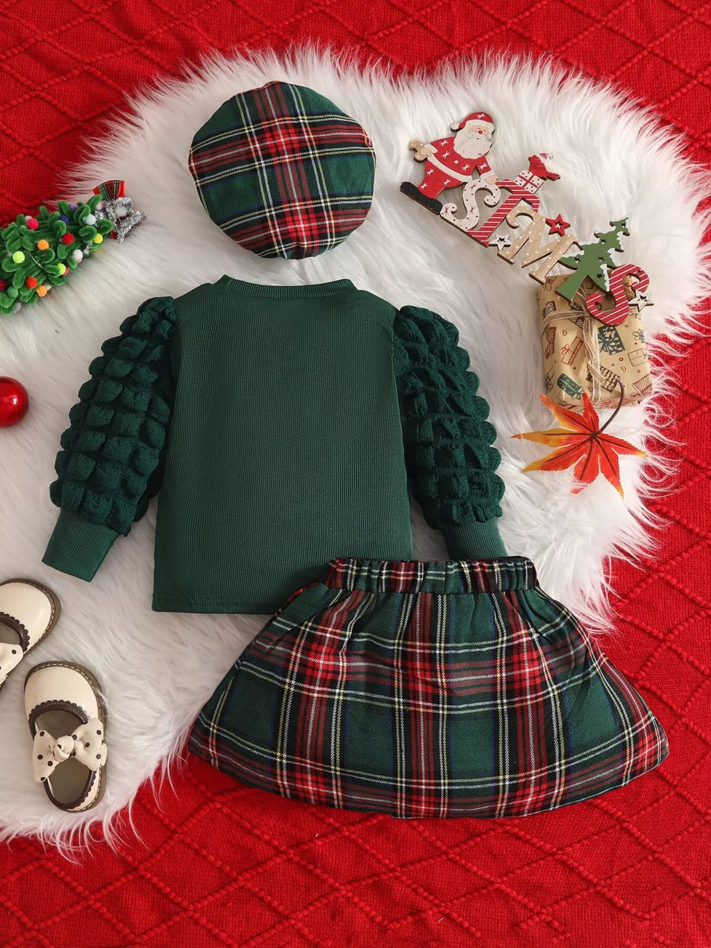 Children's Puff Sleeve Top and Plaid Skirt Set with Hat