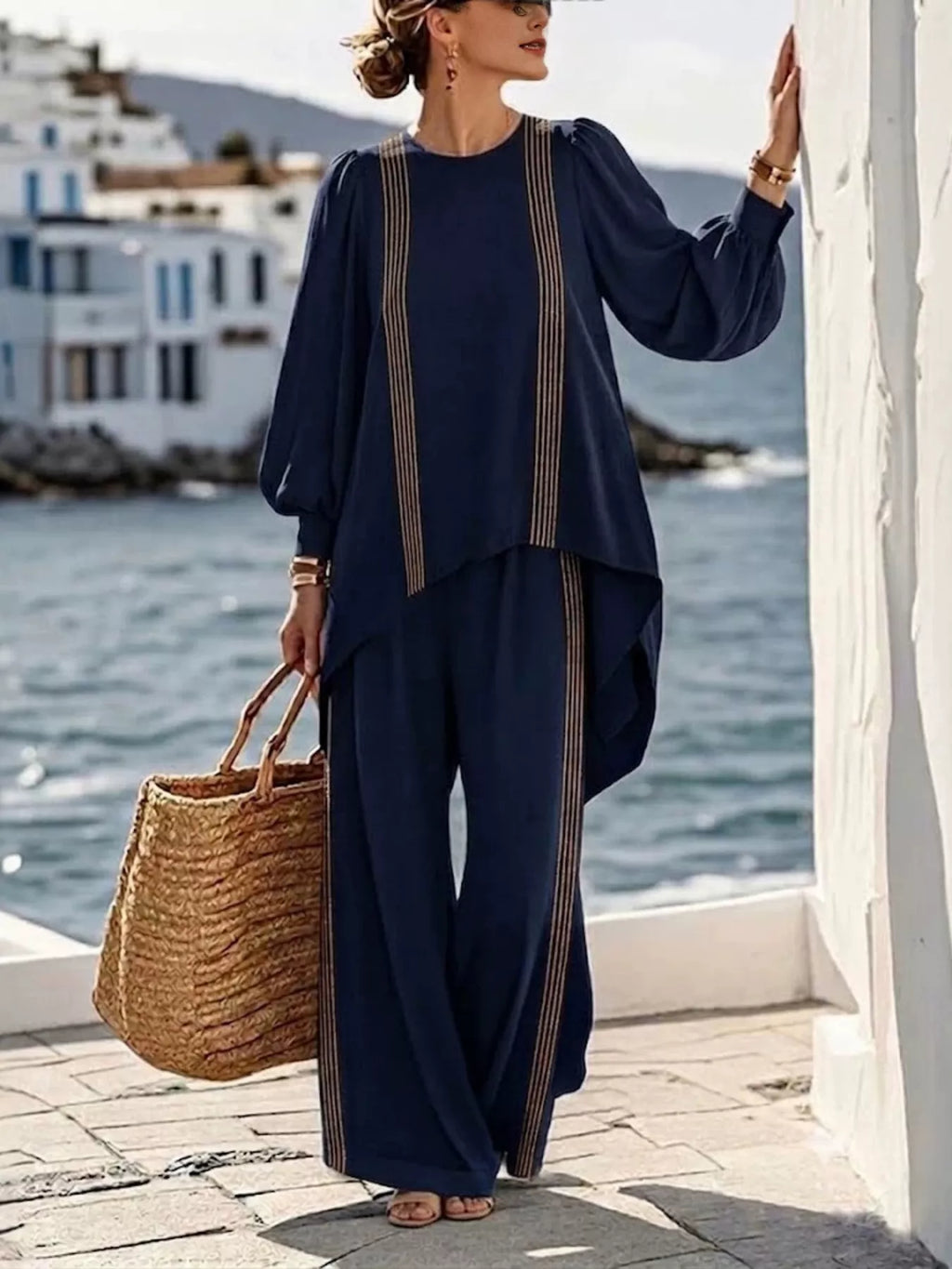 Full Size Striped Round Neck Top and Pants Set Plus Size