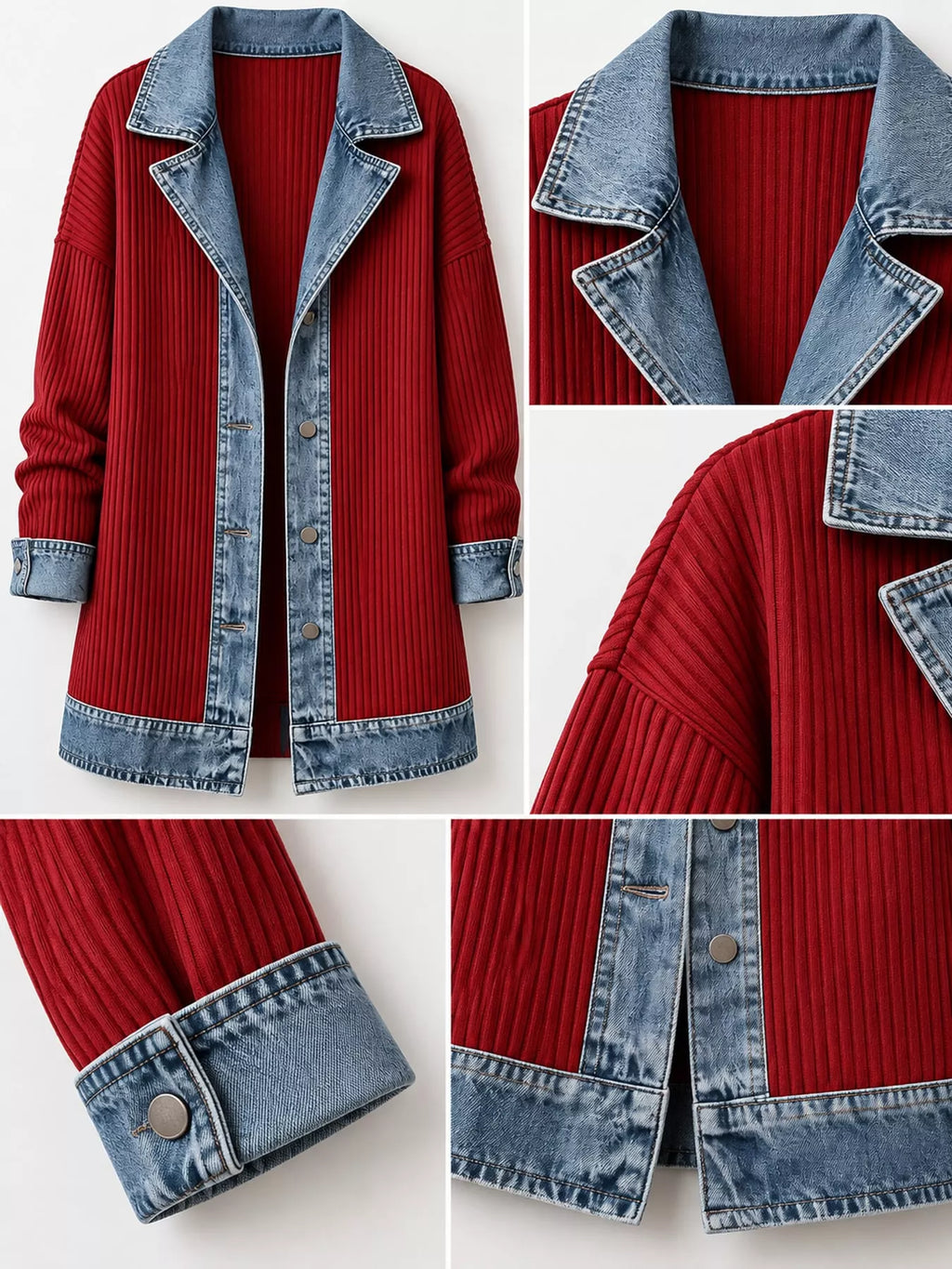 Full Size Denim Trim Ribbed Knit Cardigan Plus Size