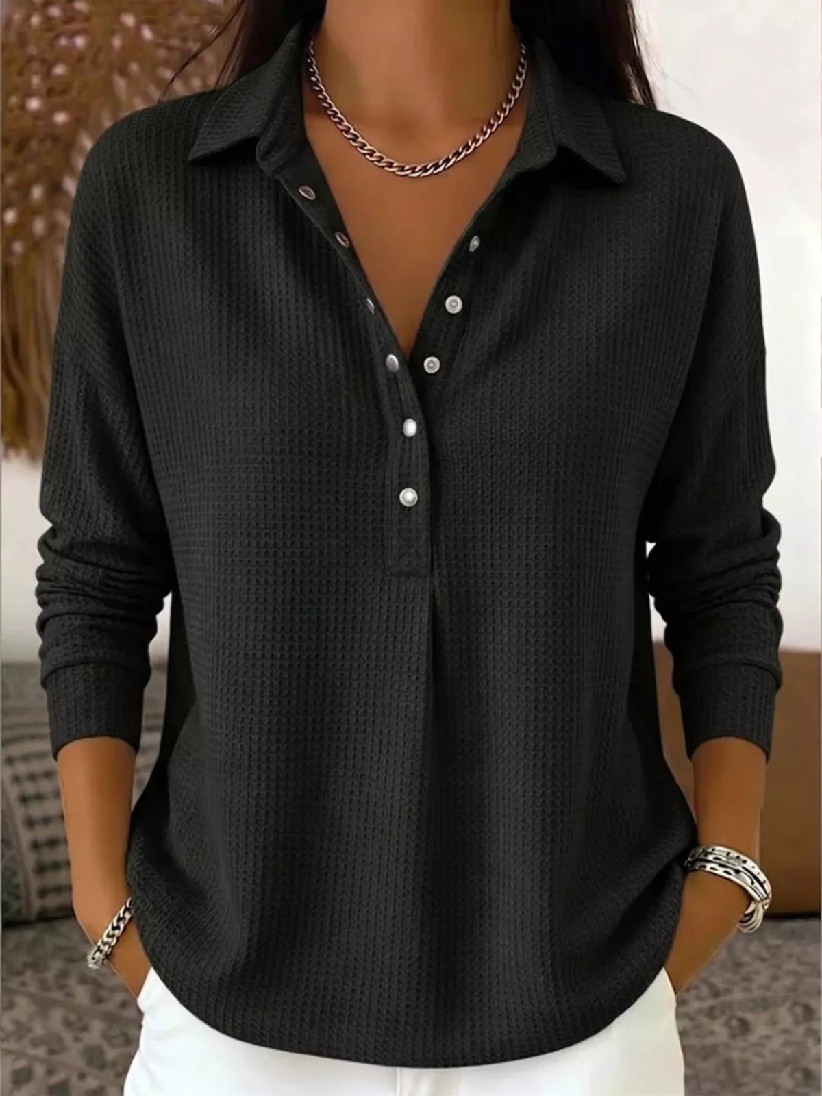 Waffle Knit Snap Down Blouse