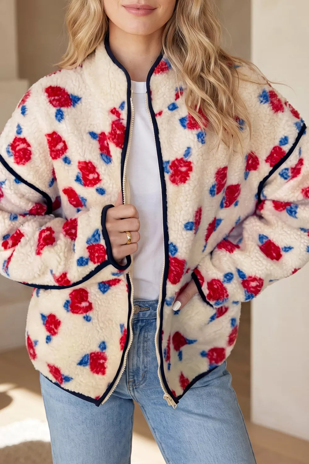 Floral Print Zipper Stand Neck Outerwear Fleece Coat