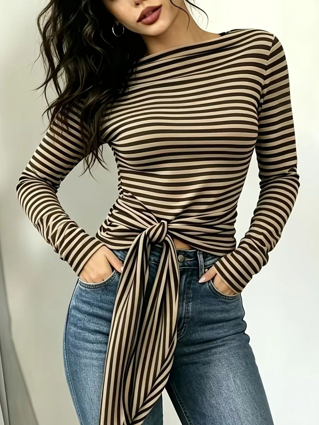 Long Sleeve Striped T-Shirt with Front Tie Detail