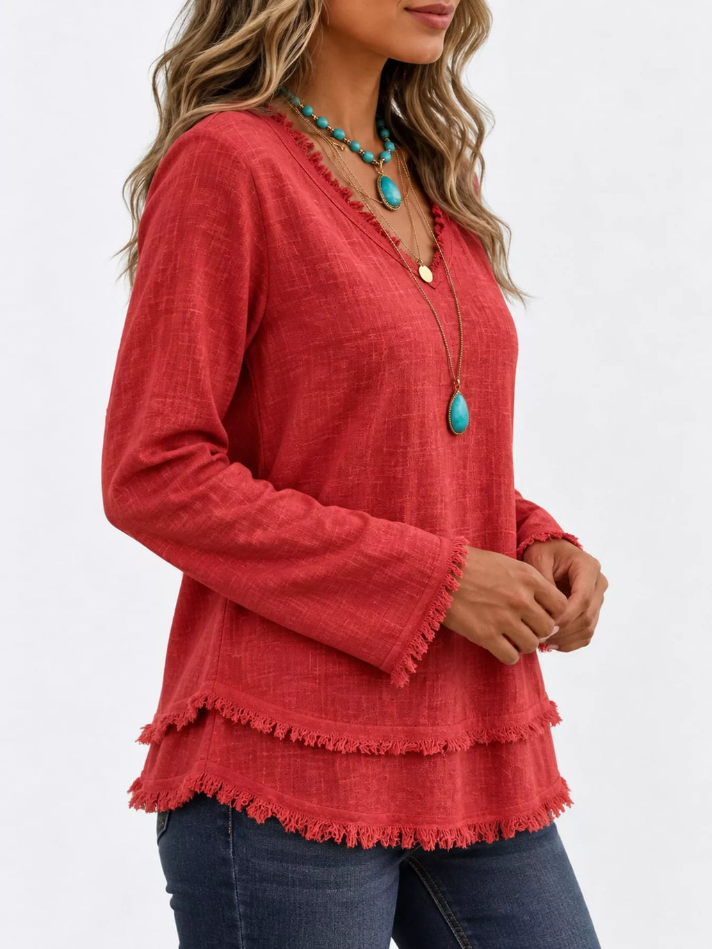 Full Size Frayed Hem V-Neck Long Sleeve Blouse Plus Size