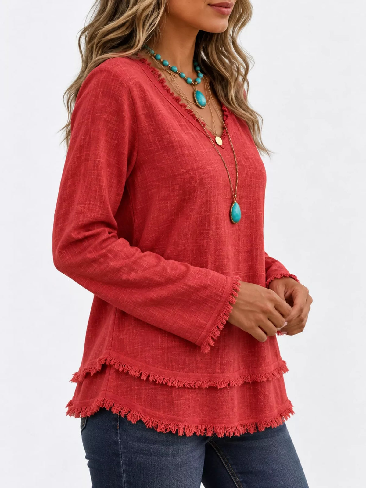 Full Size Frayed Hem V-Neck Long Sleeve Blouse Plus Size