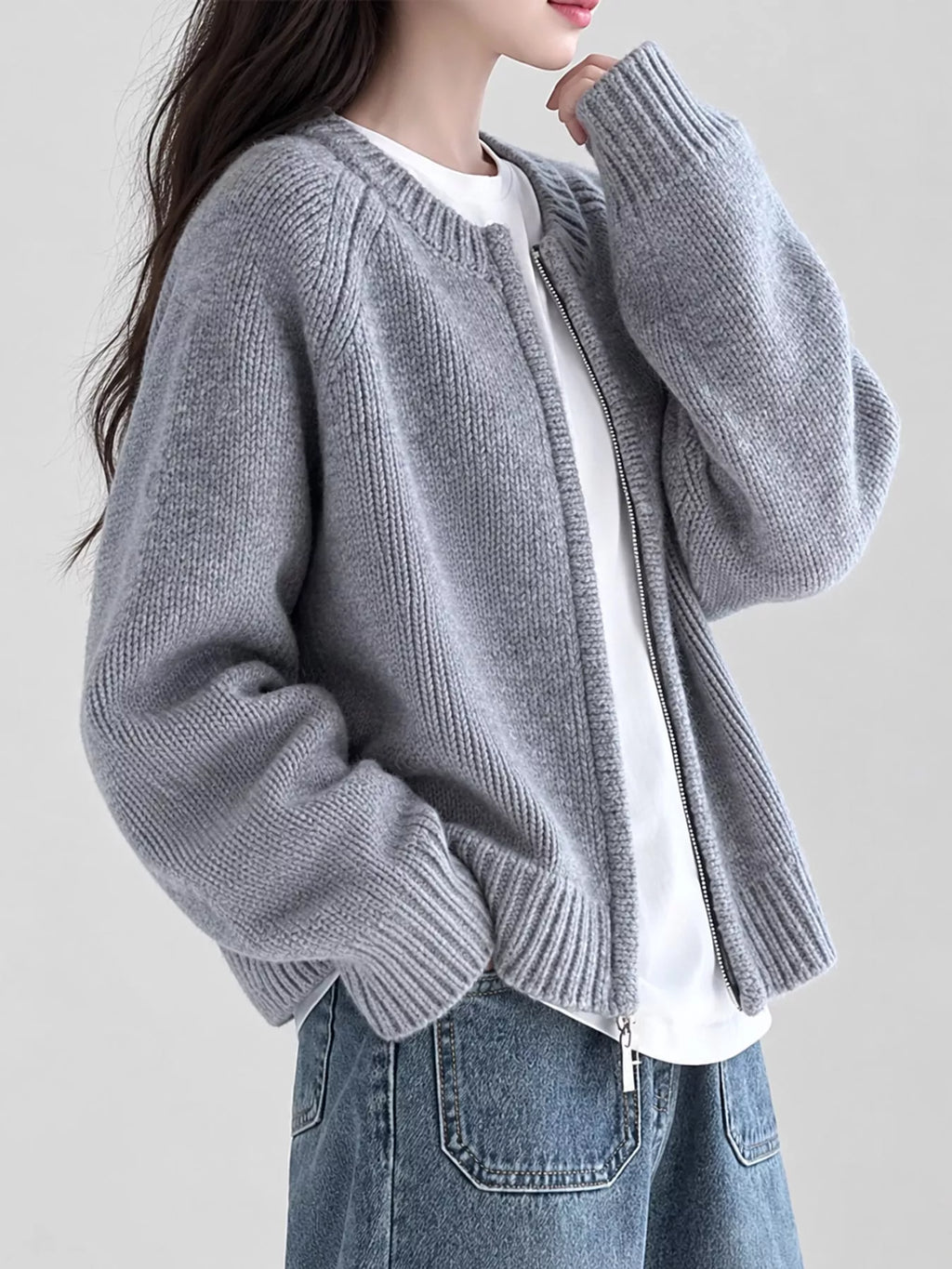 Ribbed Hem Zip-Up Cardigan