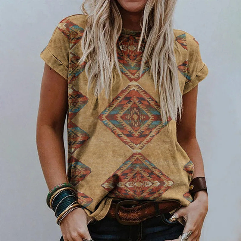 Women's Retro Floral-print Short-sleeve Top