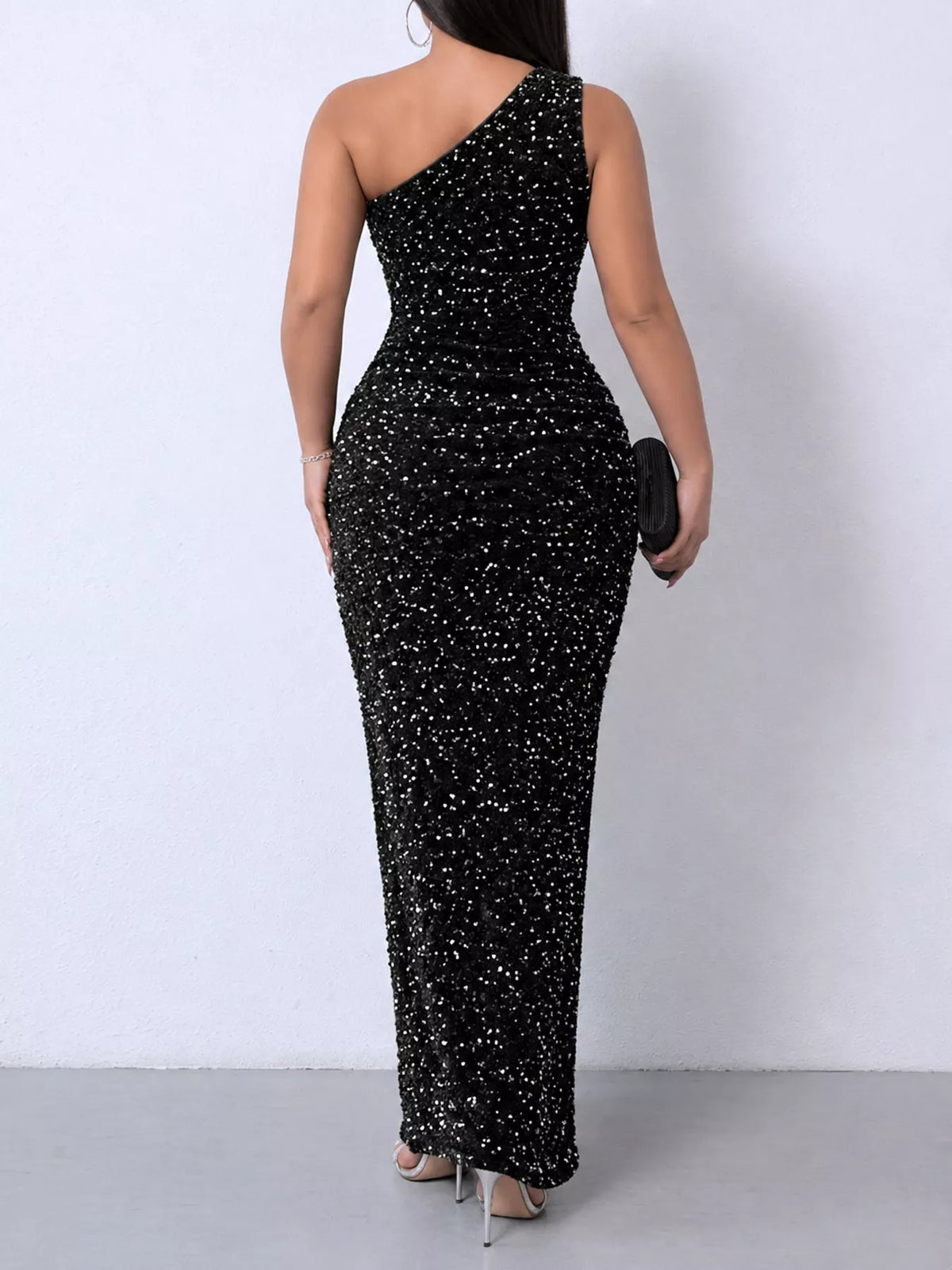 One-Shoulder Ruched Sequin High-Slit Evening Dress