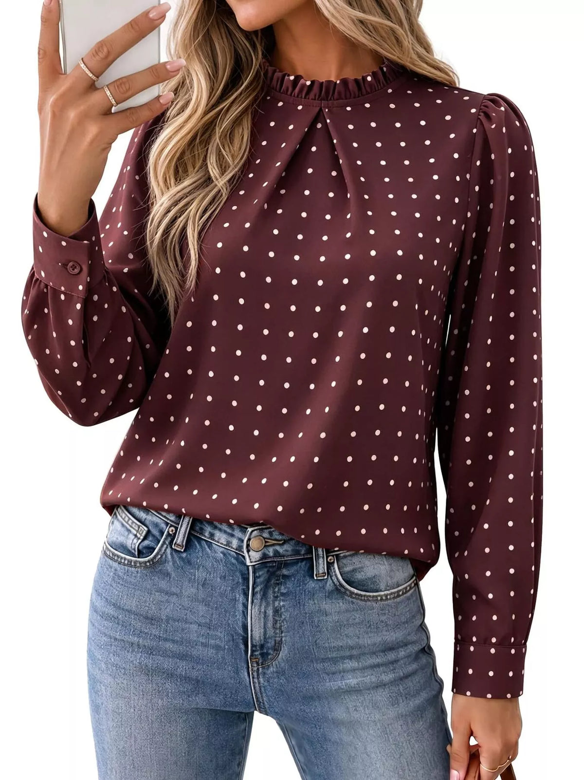 Elegant Polka Dot Print Mock Neck Long Sleeve Blouse