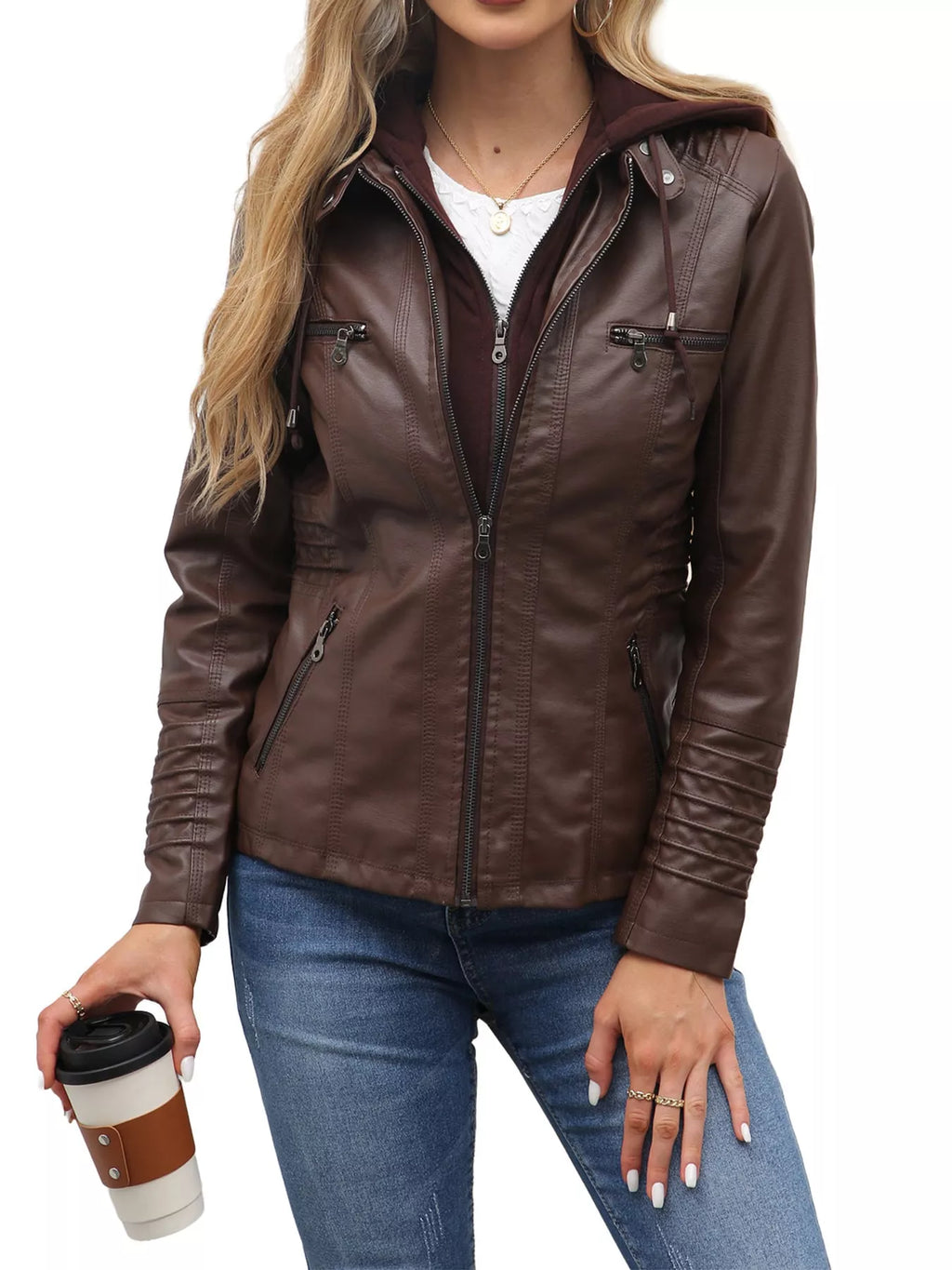 Full Size Detachable Hooded Faux Leather Moto Jacket Plus Size