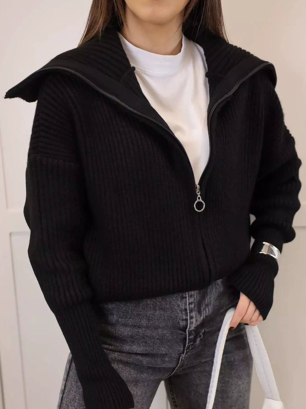 Zip Up Dropped Shoulder Cardigan