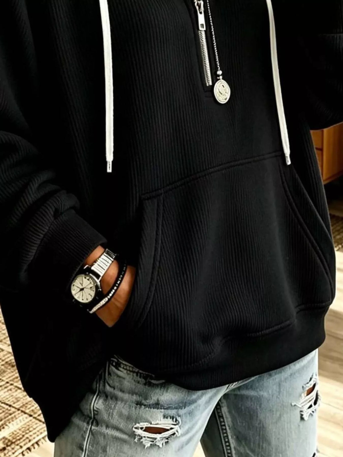 Ribbed Knit Quarter-Zip Hoodie with Kangaroo Pocket