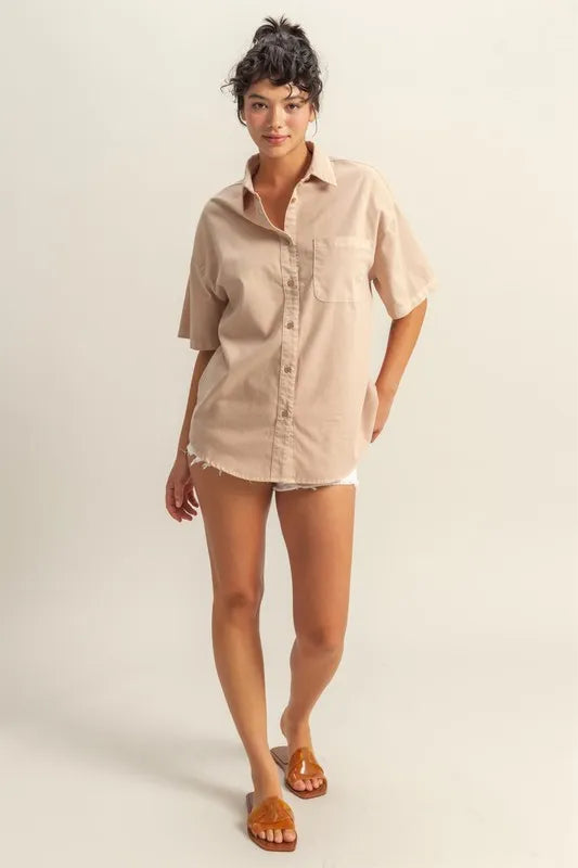 Oversized Short Sleeve Button-Down Shirt with Pocket