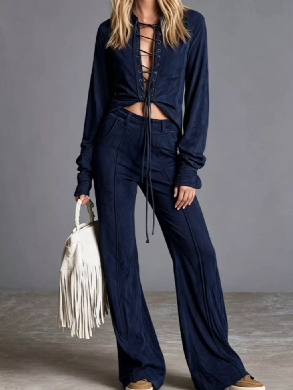 Full Size Lace-Up Long Sleeve Top and Wide-Leg Pants Set Plus Size