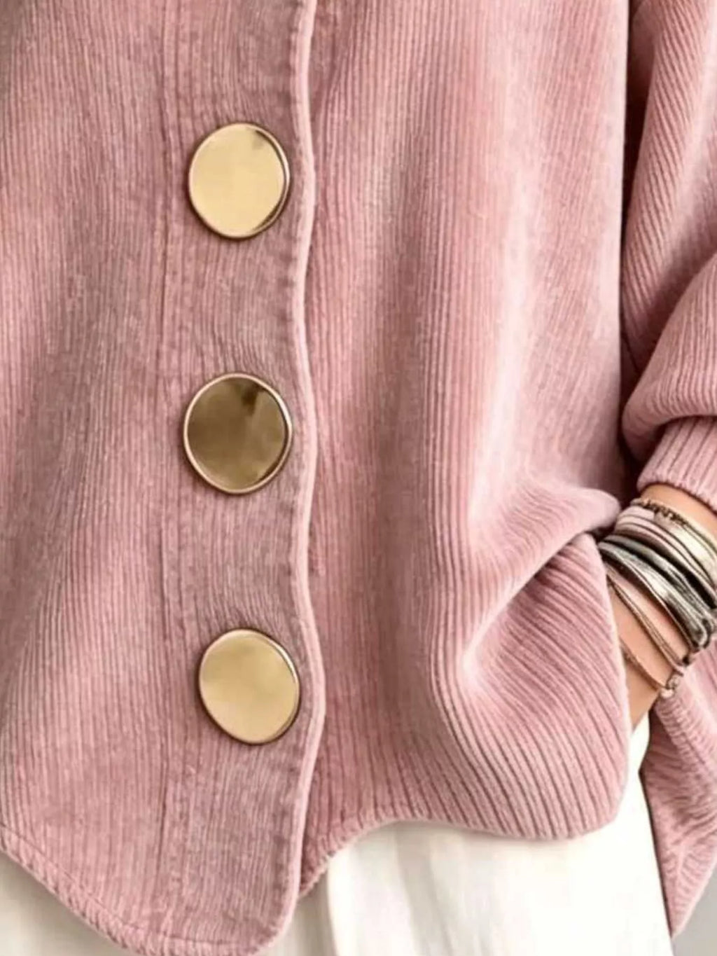 Full Size Ribbed Knit Gold Buttons Cardigan Plus Size