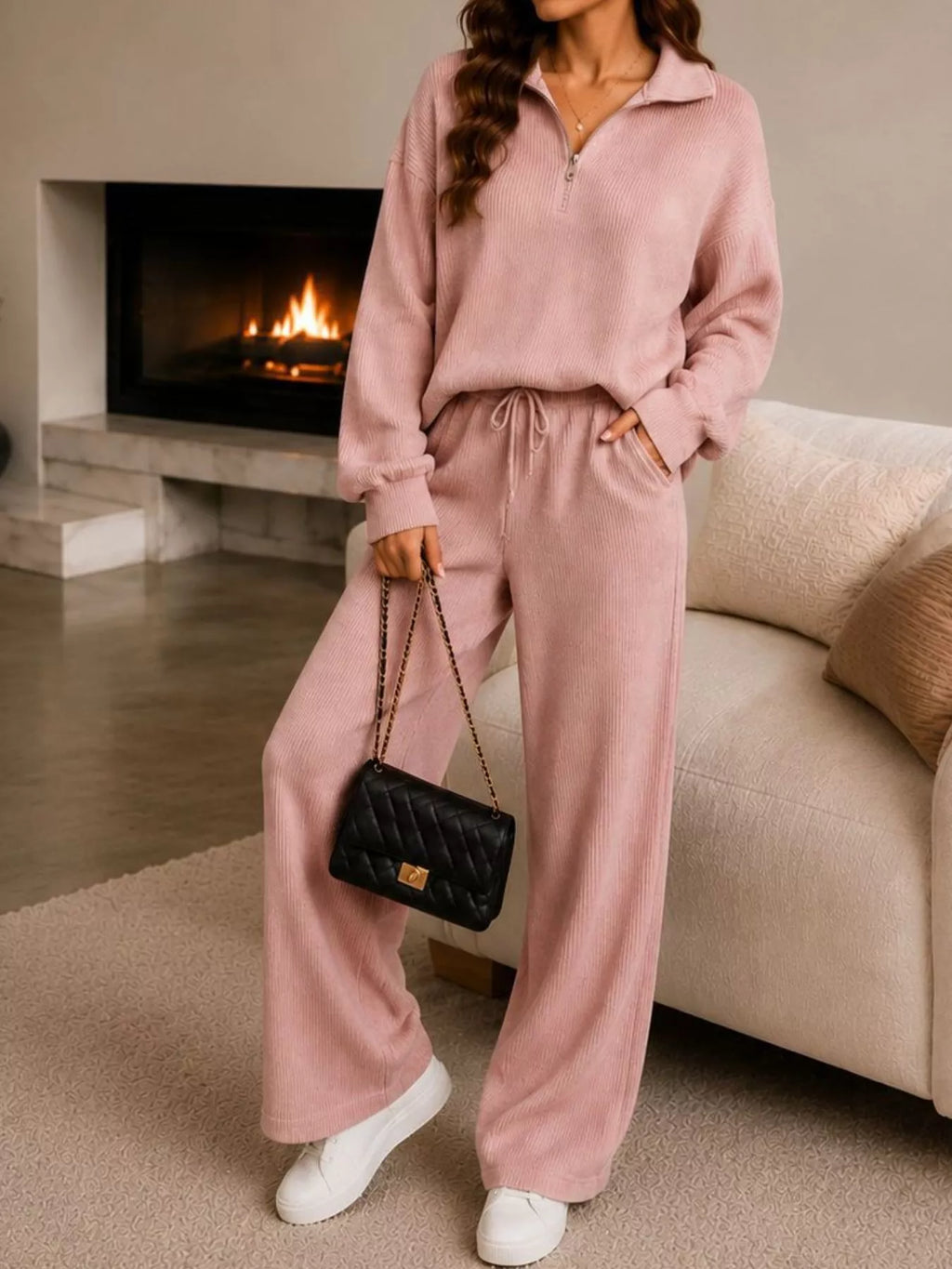 Ribbed Knit Quarter-Zip Top and Wide-Leg Pants Set