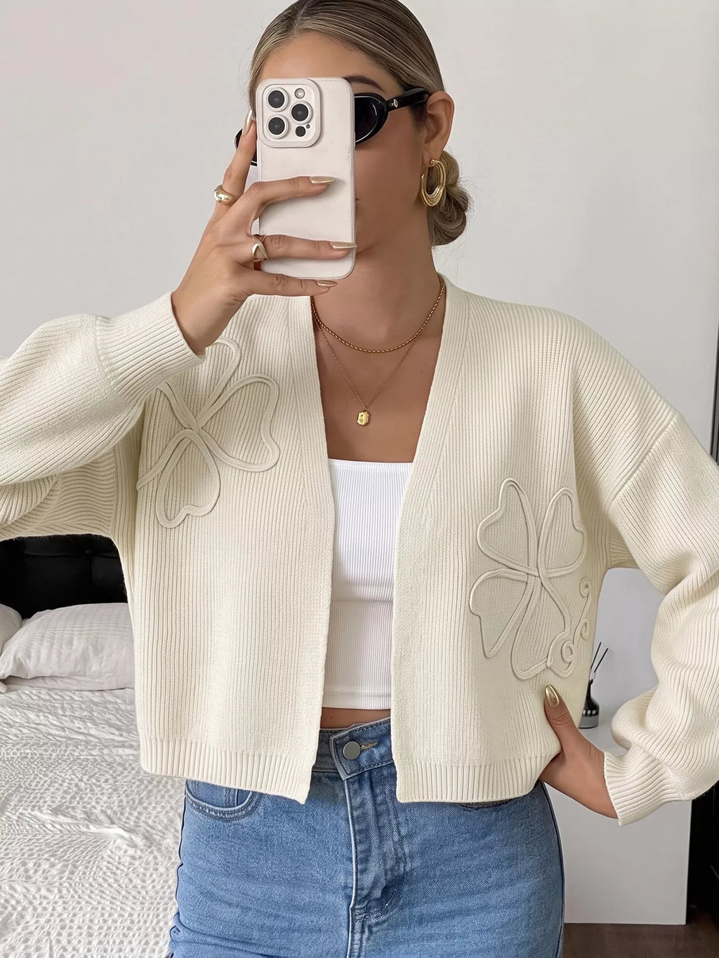 Four-Leaf Clover Open Front Cardigan