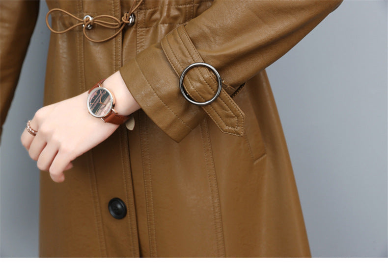 New Women Leather Trench Spring Turn-down Collar Solid Color Drawstring Loose Long Sheepskin Coat
