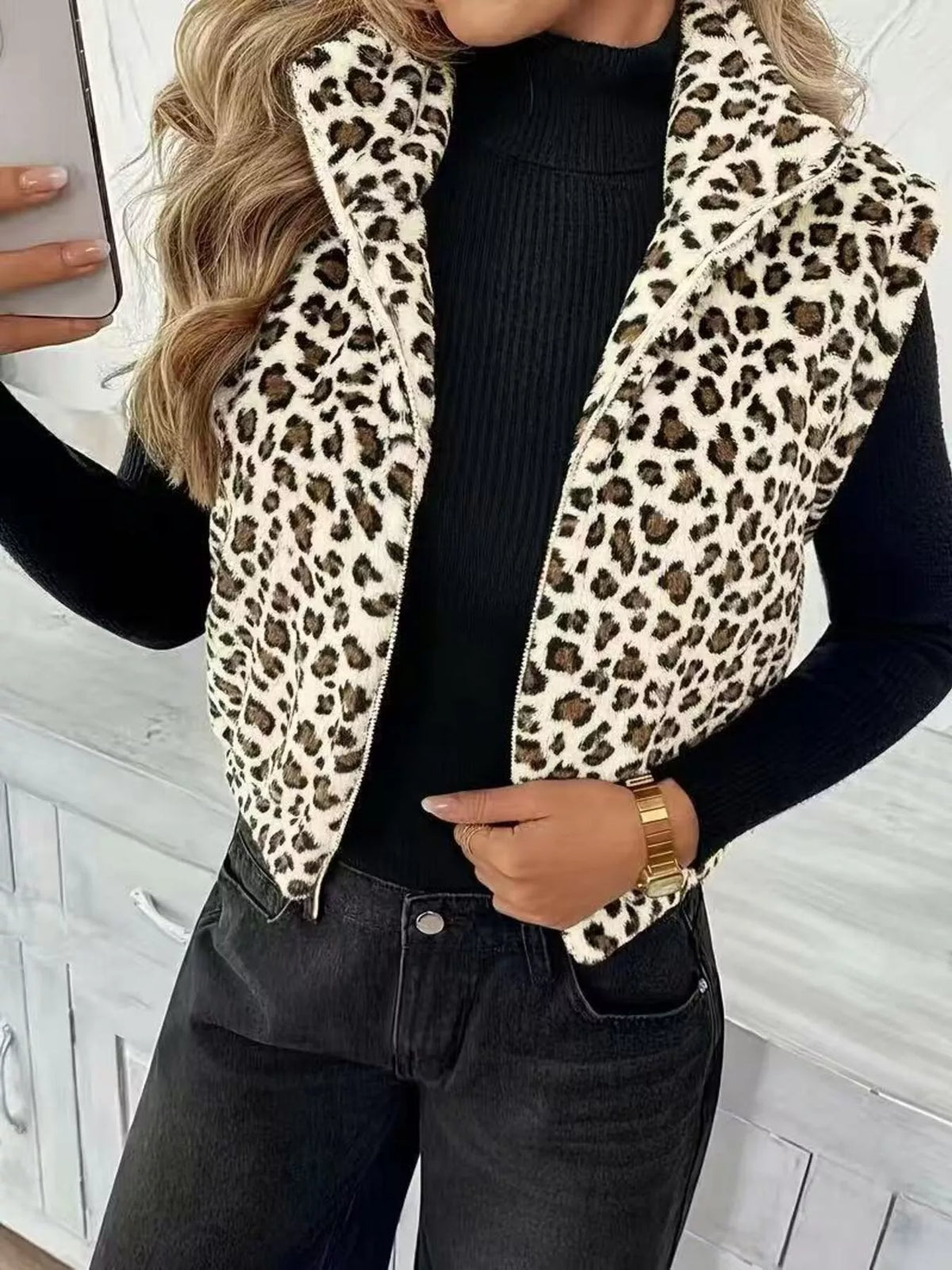 Animal Print Zip Up Vest Coat