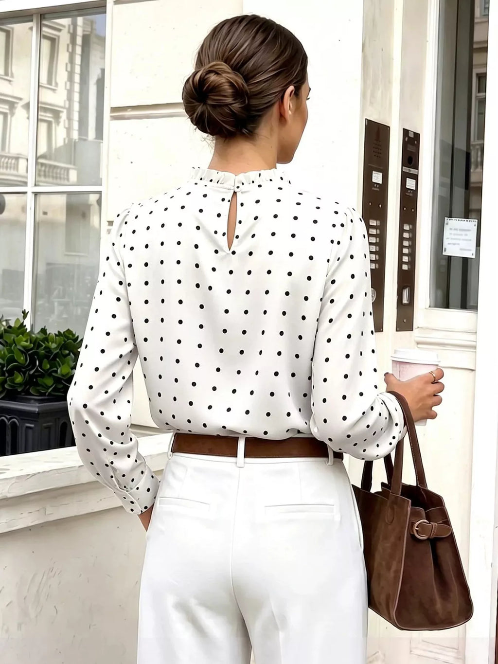 Elegant Polka Dot Print Mock Neck Long Sleeve Blouse