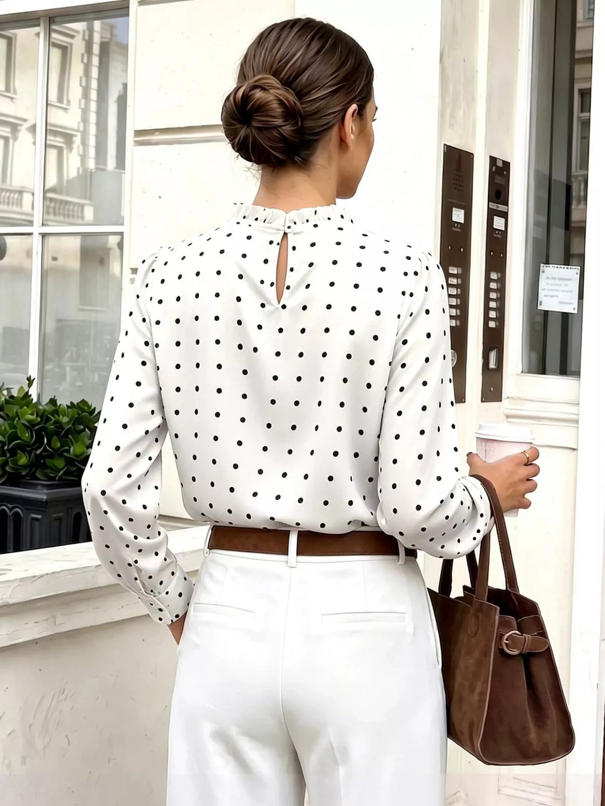 Elegant Polka Dot Print Mock Neck Long Sleeve Blouse
