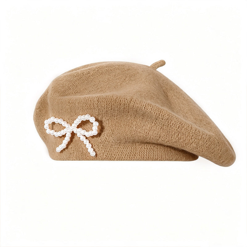Pearl Bow Wool Breathable Beret