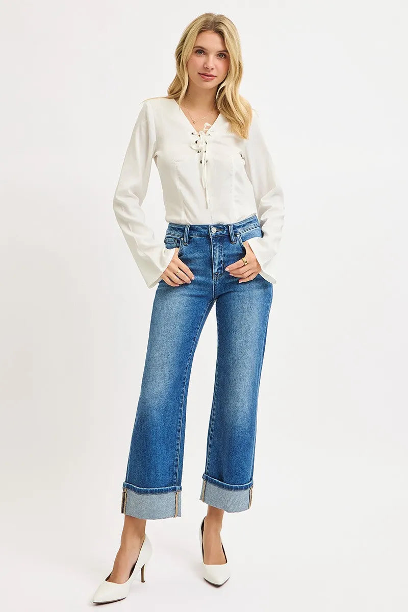 RISEN Full Size Mid Rise Crop Straight Cuffed Jeans Plus Size