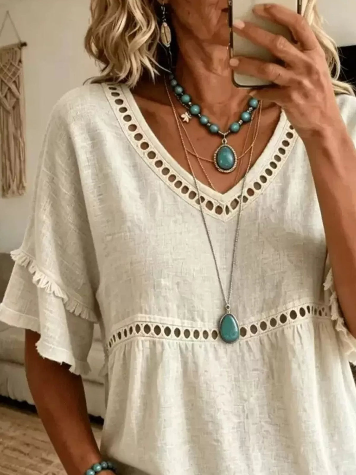 Eyelet V-Neck Frayed Edge T-Shirt