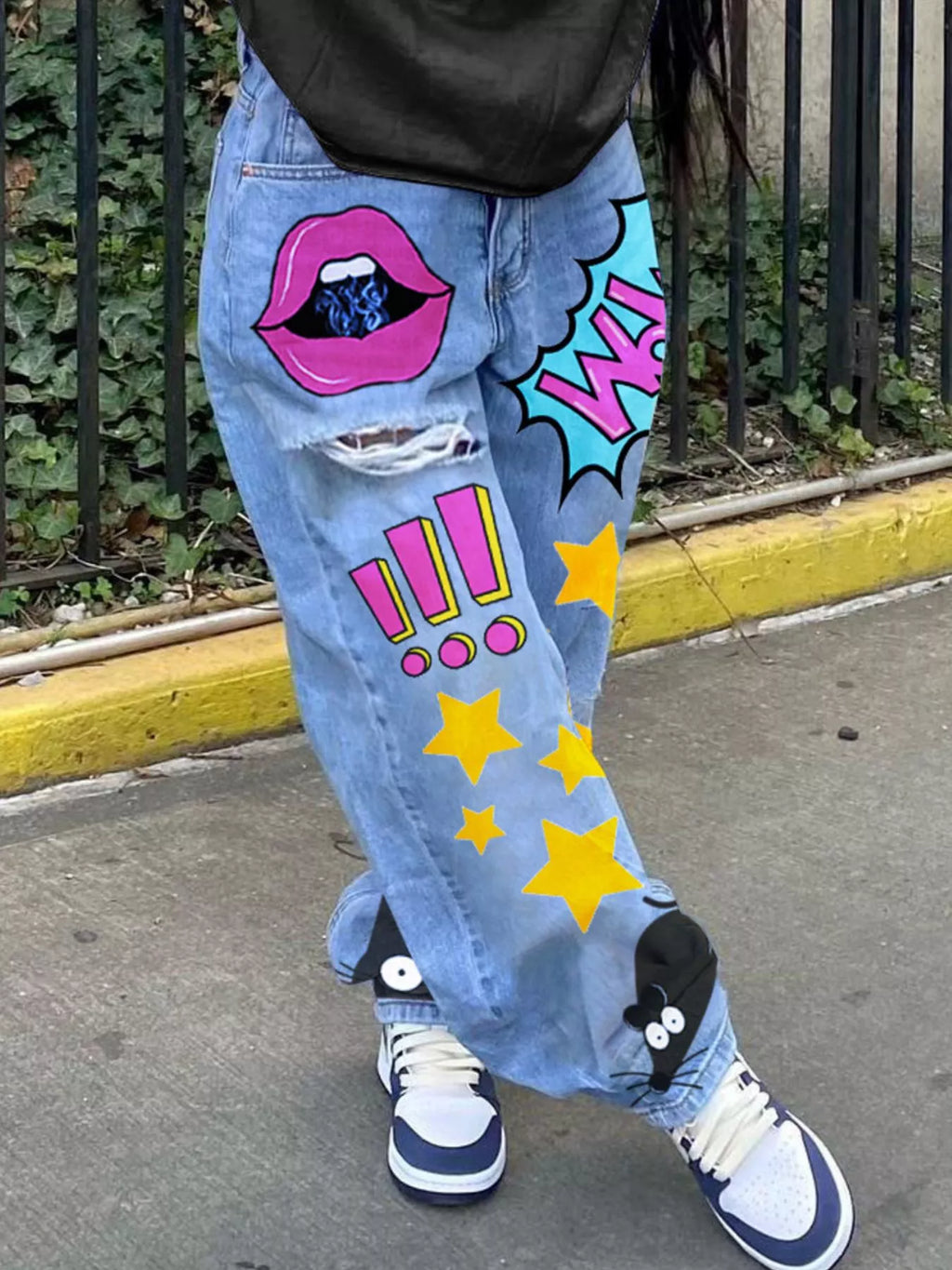 Full Size Pop Art Print Loose Fit Jeans Plus Size