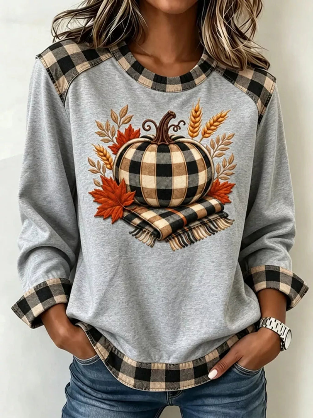 Full Size Pumpkin Plaid Patchwork Long Sleeve Sweatshirt Plus Size