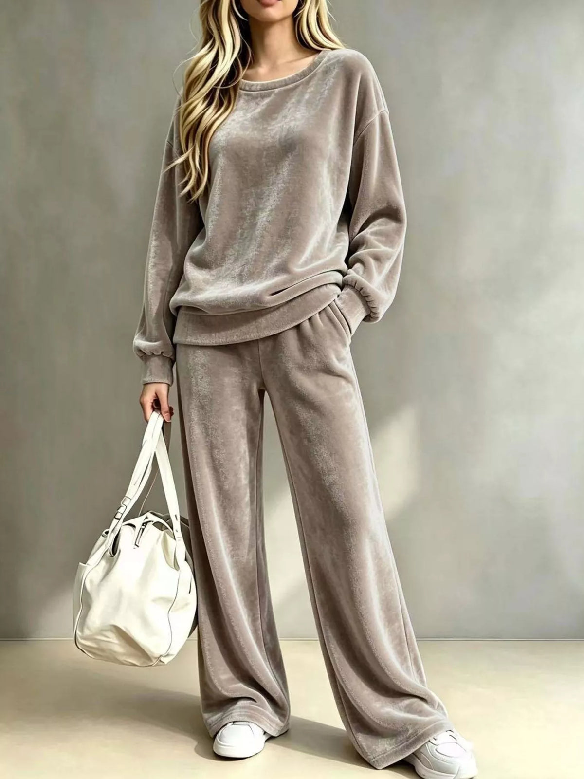 Full Size Dropped Shoulder Velvet Top and Wide Leg Pants Set Plus Size