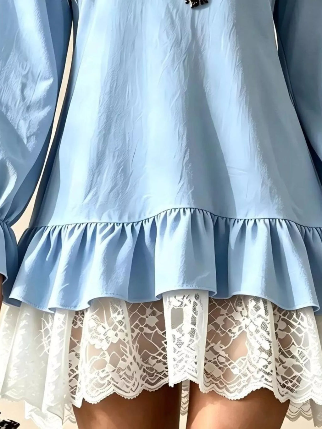 V-Neck Long Sleeve Ruffle Hem Lace Trim Mini Dress