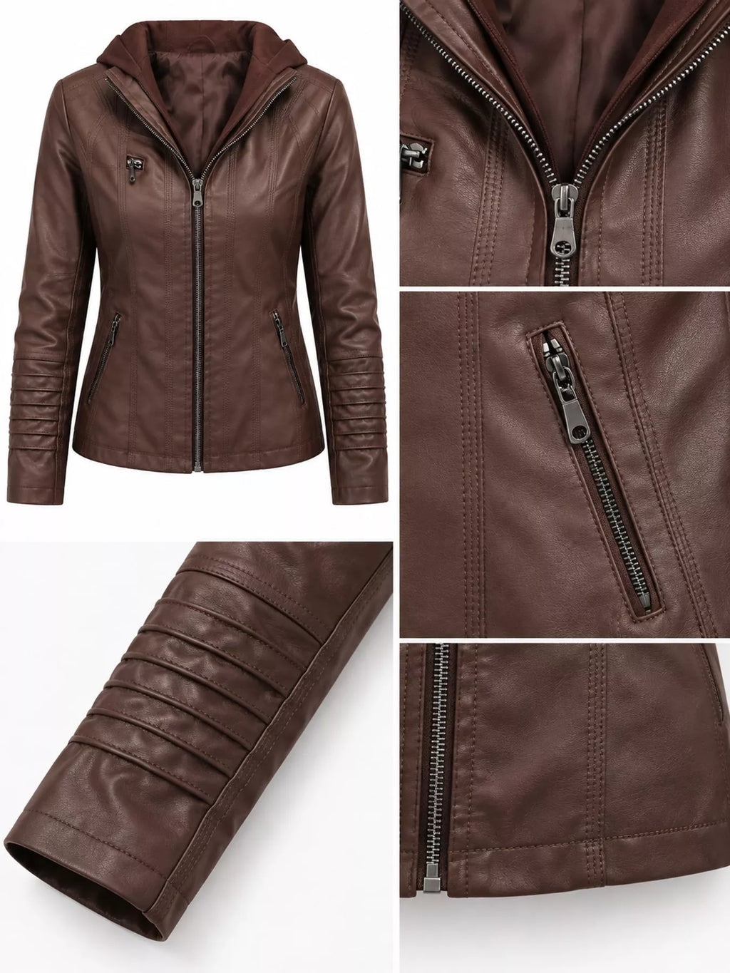 Full Size Detachable Hooded Faux Leather Moto Jacket Plus Size