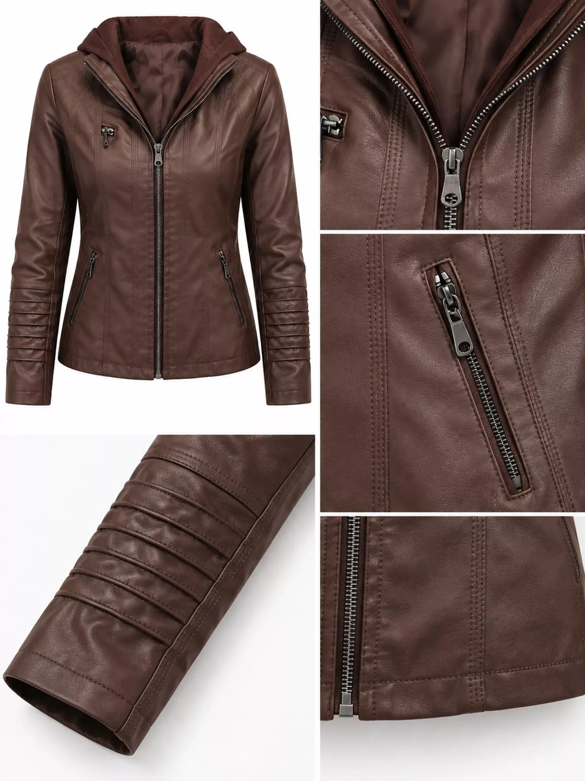 Full Size Detachable Hooded Faux Leather Moto Jacket Plus Size