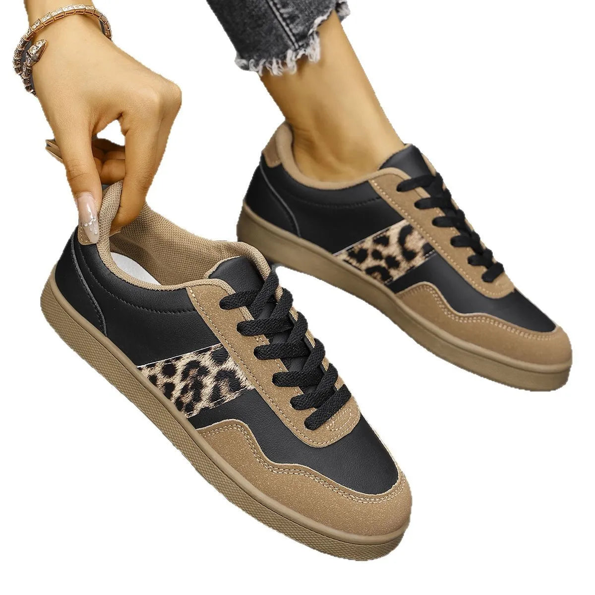 Leopard Lace Up Round Toe Sneakers