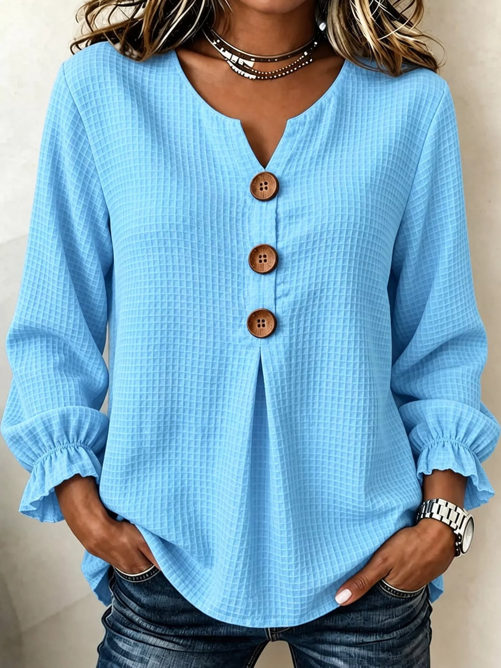 Full Size Waffle Knit Flounce Sleeve Blouse Plus Size
