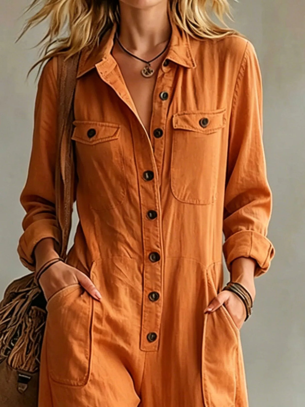 Full Size Long Sleeve Button Front Jumpsuit Plus Size