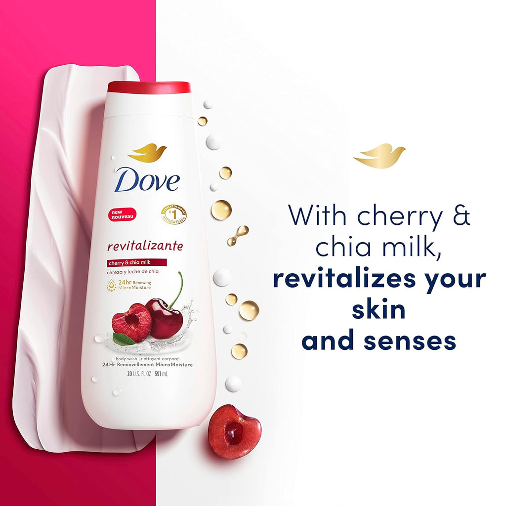 Dove Body Wash Revitalizante Cherry & Chia Milk 4 Count for Renewed, Healthy-Looking Skin Gentle Skin Cleanser with 24hr Renewing MicroMoisture 20 oz