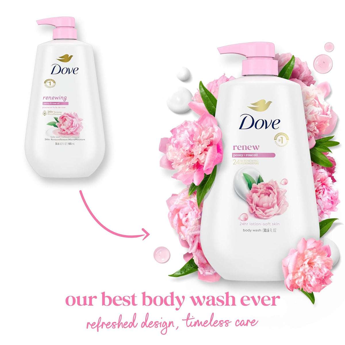 Dove Body Wash with Pump Renew Peony & Rose Oil For 24hr Lotion-Soft Skin Moisturizing Skin Cleanser with No Sulfates No Parabens 30.6 Oz