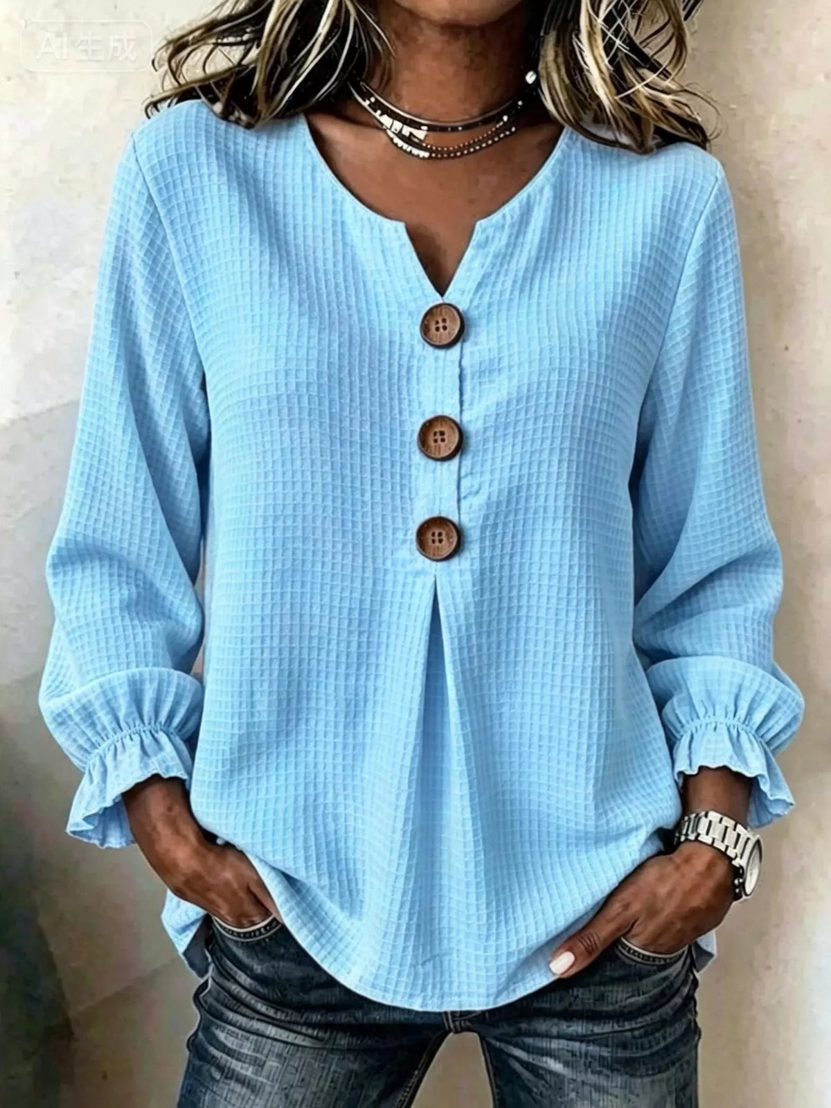 Waffle Knit Flounce Sleeve Top