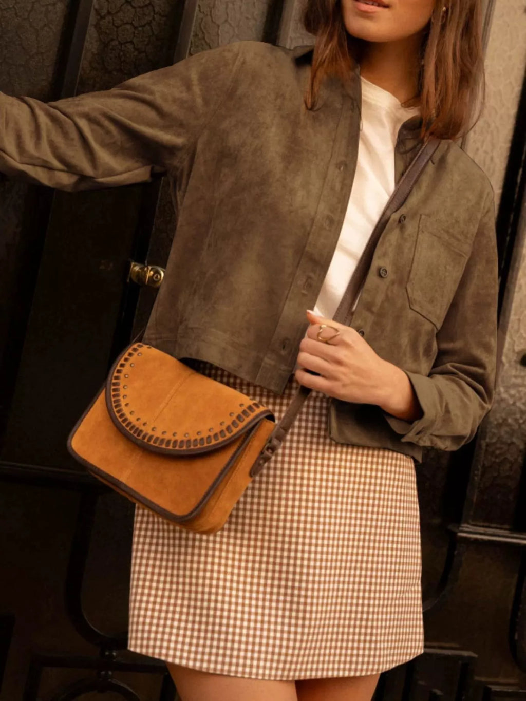 Cropped Faux Suede Button-Down Jacket