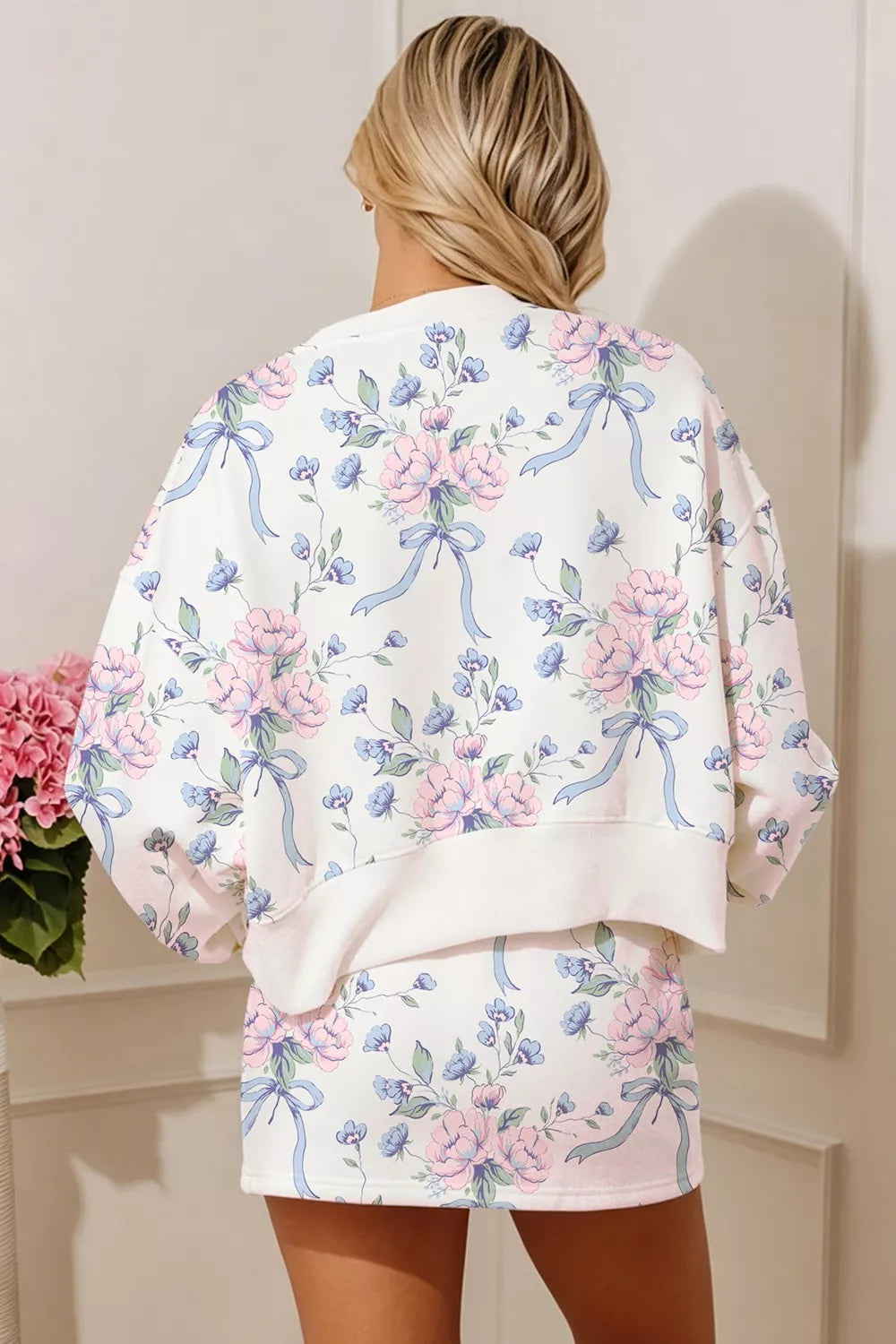 Floral Print Long Sleeve Top Elastic Waist Skort Two Piece Set