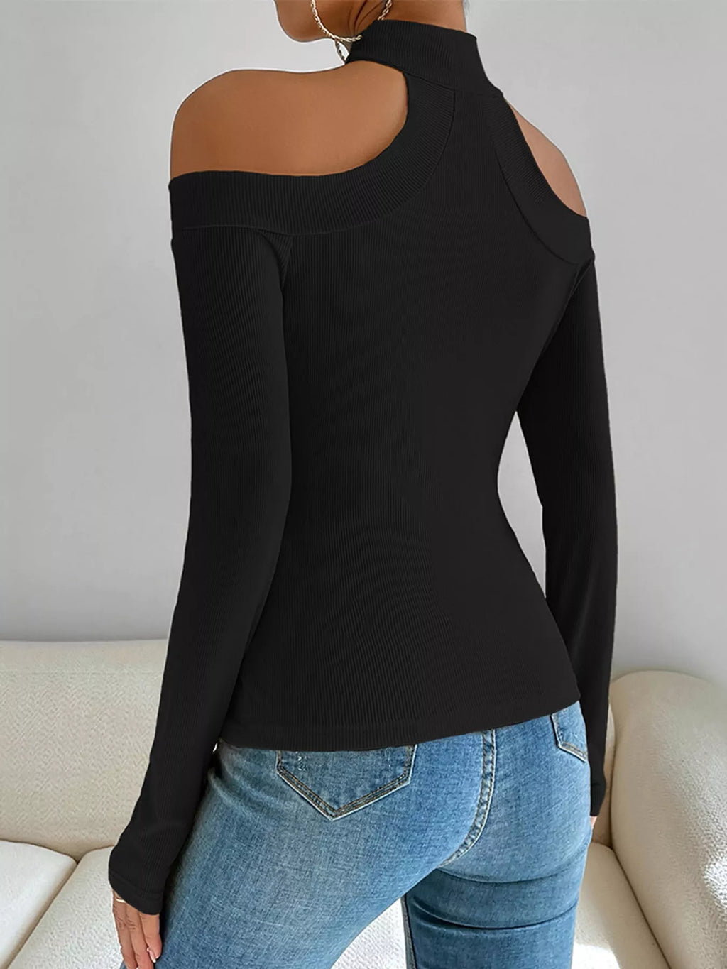 Off-Shoulder Ribbed Knit Long Sleeve T-Shirt with Choker Neck