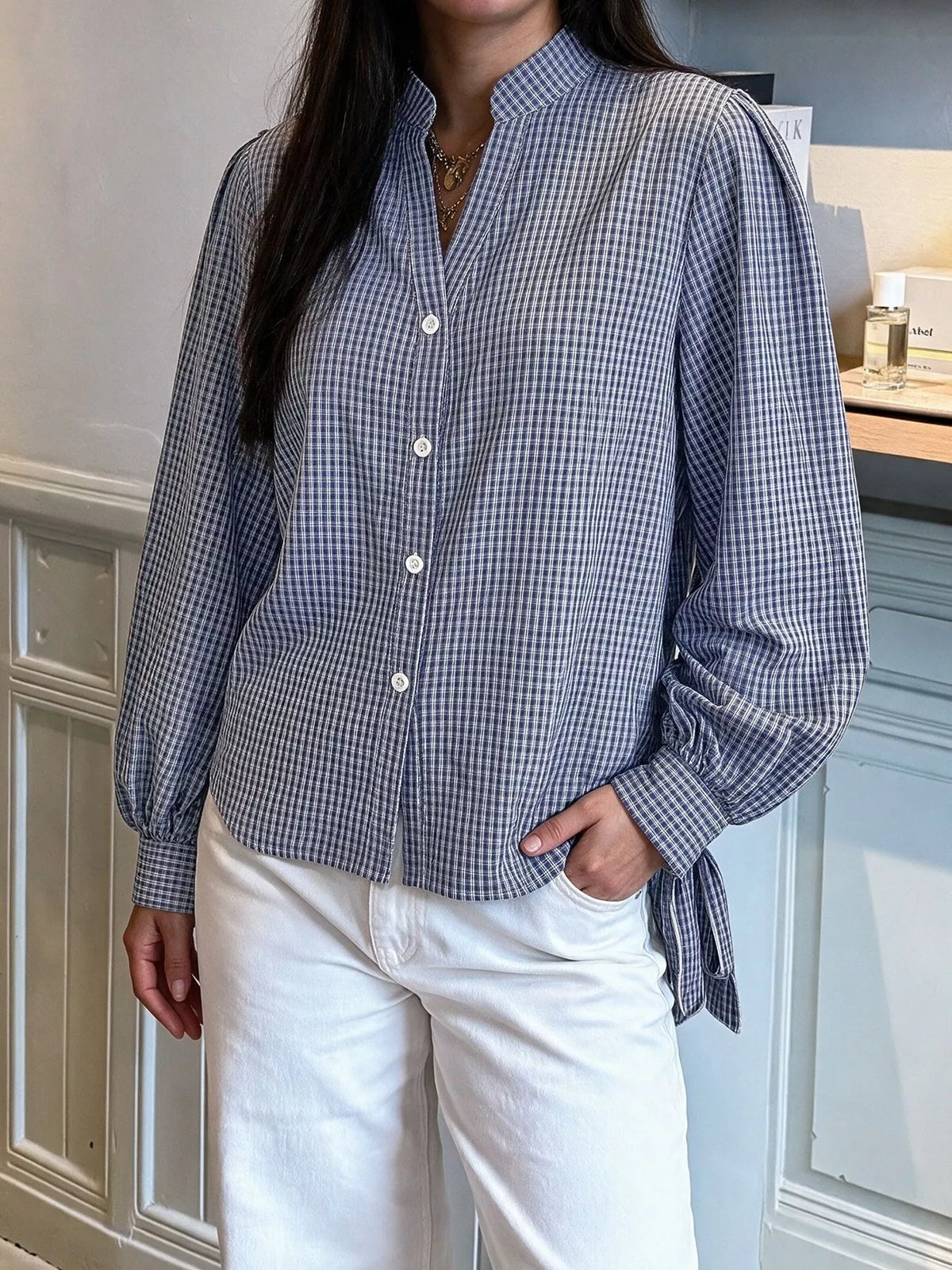 Gingham Button Up Shirt with Tie-Sleeve Detail
