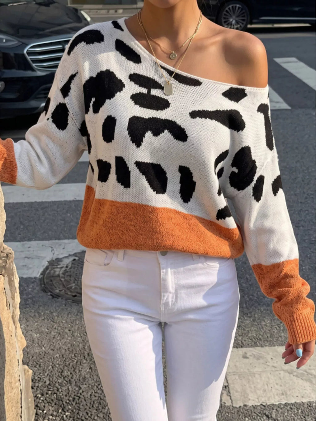 Full Size Leopard One Shoulder Sweater Plus Size
