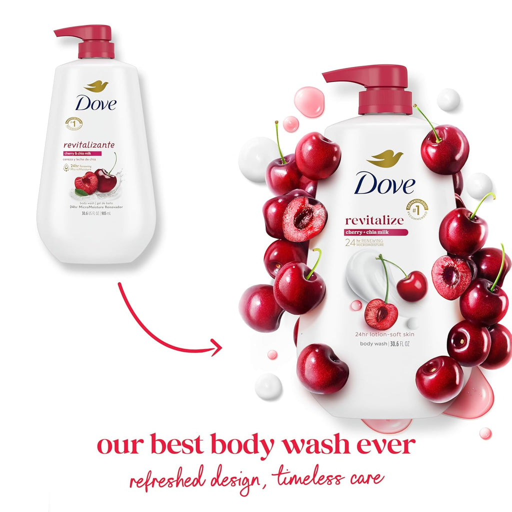 Dove Body Wash with Pump Revitalizante Cherry & Chia Milk, for Renewed, Healthy Looking Skin, Moisturizing Gentle Skin Cleanser with 24hr Renewing MicroMoisture, 30.6 oz
