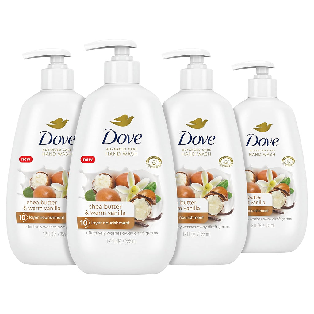 Dove Advanced Care Hand Wash Shea Butter & Warm Vanilla 4 Count for Soft, Smooth Skin, More Moisturizers than the Leading Ordinary Hand Soap, 12 oz