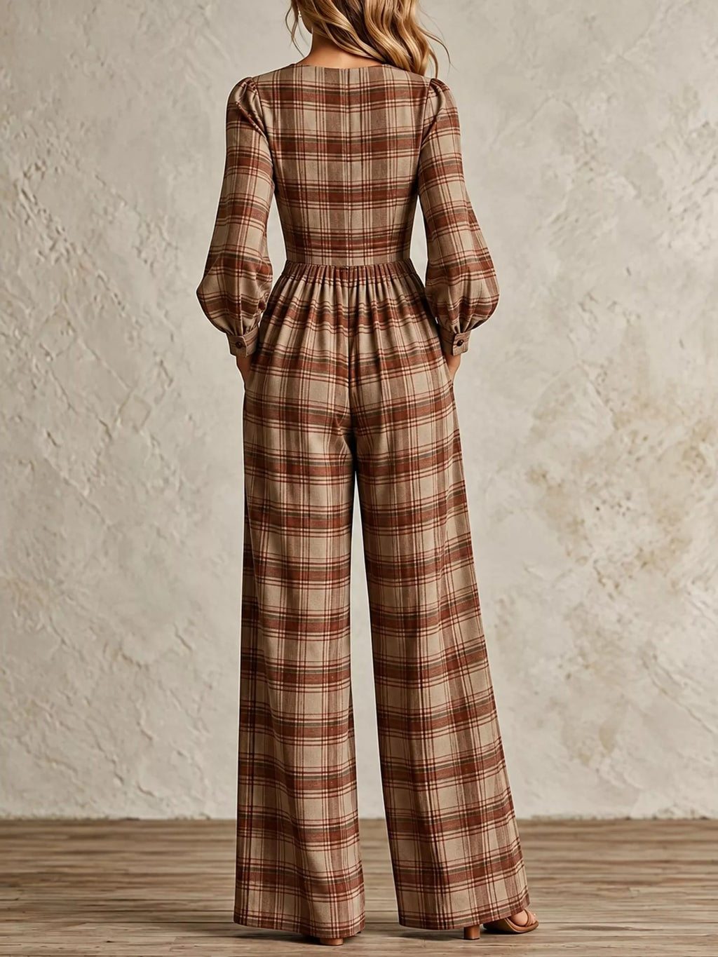 Plaid Square Neck Long Sleeve Wide-Leg Jumpsuit