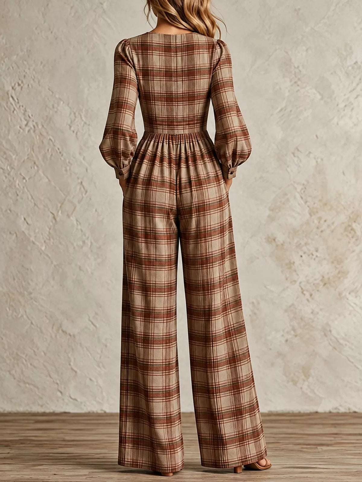 Plaid Square Neck Long Sleeve Wide-Leg Jumpsuit