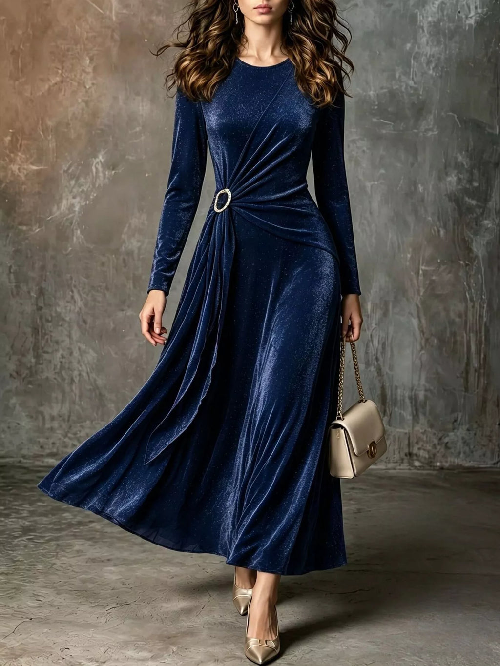 Full Size Velvet Long-Sleeve Maxi Dress with Ring Detail Plus Size